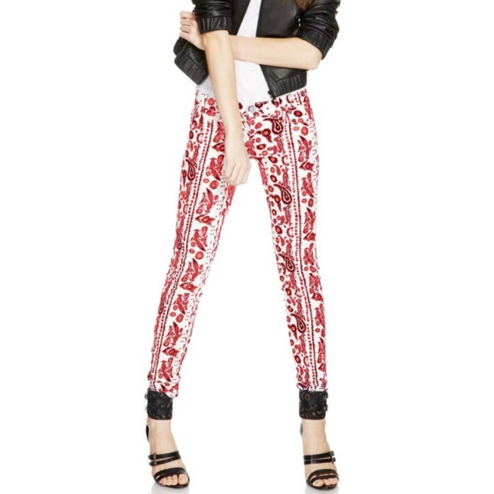 Rebecca Minkoff jeans Bleecker floral bird handkerchief print white red size 24